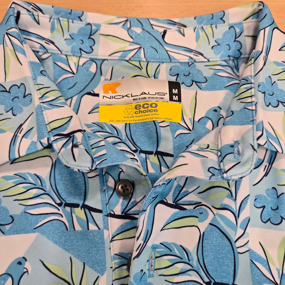 Nicklaus Eco Choice Mens Medium Golf Polo Shirt Blue Bird Print